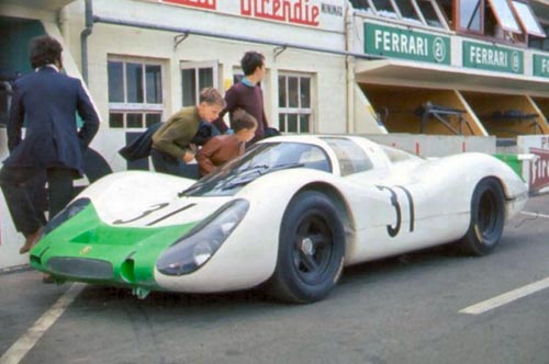 In the pits with Porsche's 908 during the 1968 Le Mans event